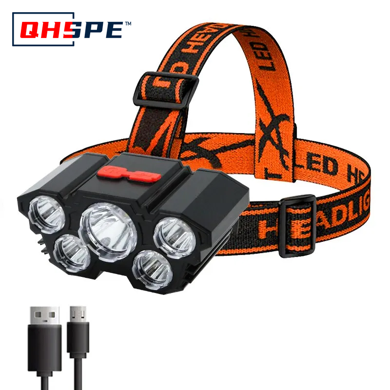 Headlamp Waterproof Rechargeable - ไฟหน้าแบบชาร์จไฟได้ 5 LED แสงที่แข็งแกร่งแบตเตอรี่ 18650 ในตัวสำหรับการตกปลาผจญภัยแคมป์ปิ้ง