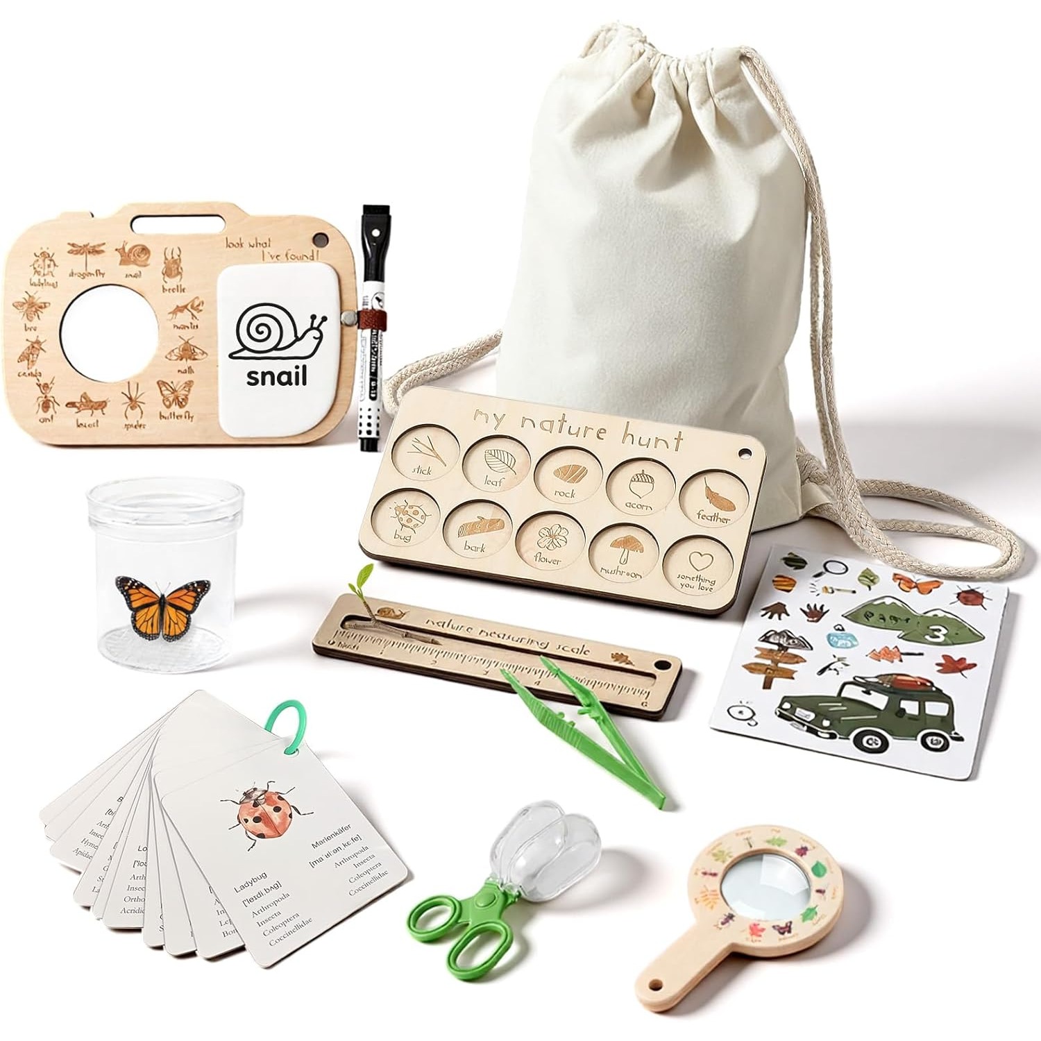 Outdoor Adventure Girl - ชุดจับแมลงสำหรับเด็ก พร้อมกล่องใส่แมลง การ์ดการเรียนรู้ และกระดานสังเกตการณ์ ของเล่นกลางแจ้ง ของขวัญผจญภัยตามล่าหาแมลง